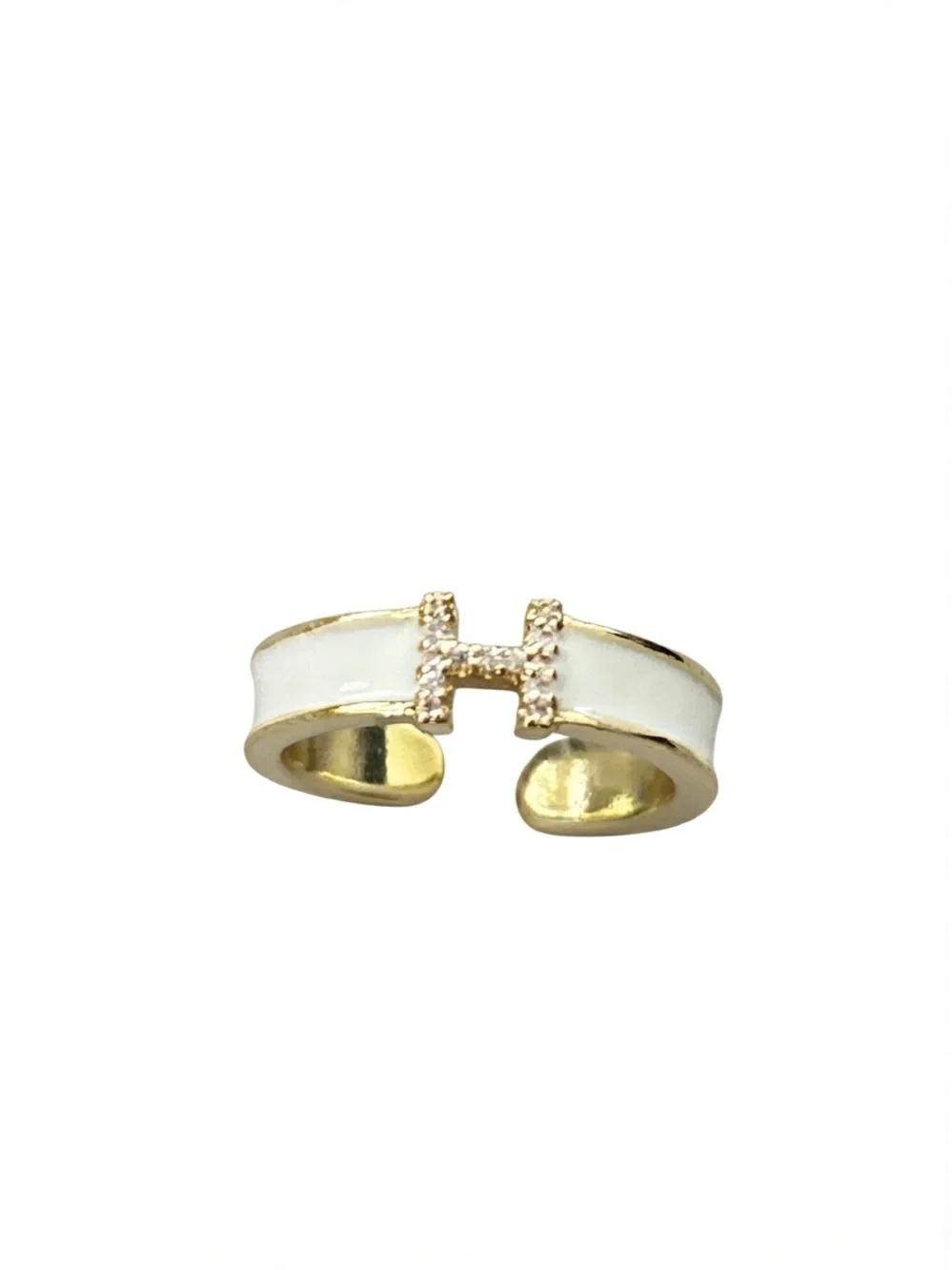 Gold and White H Open Ring with Rhinestone Accents